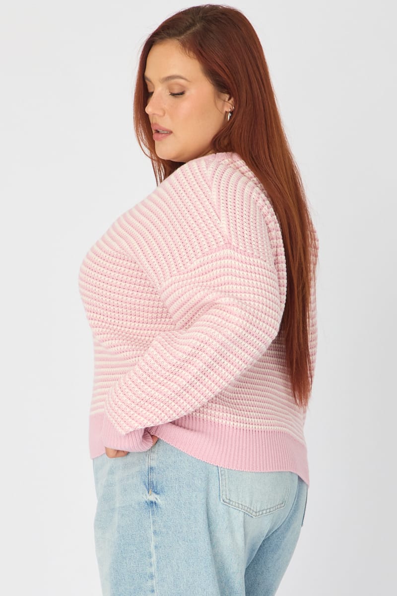 Pink Stripe Stripe Knit Top Long Sleeve for YouandAll Fashion