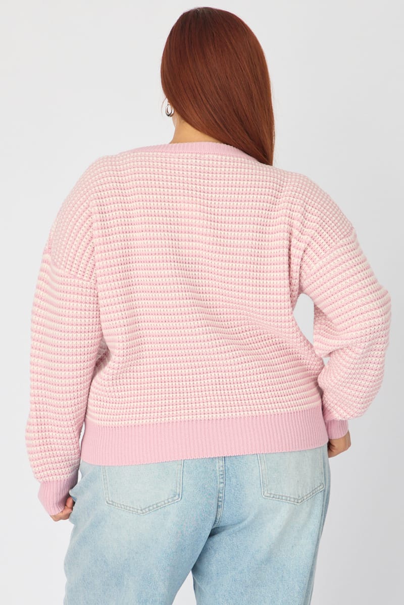 Pink Stripe Stripe Knit Top Long Sleeve for YouandAll Fashion