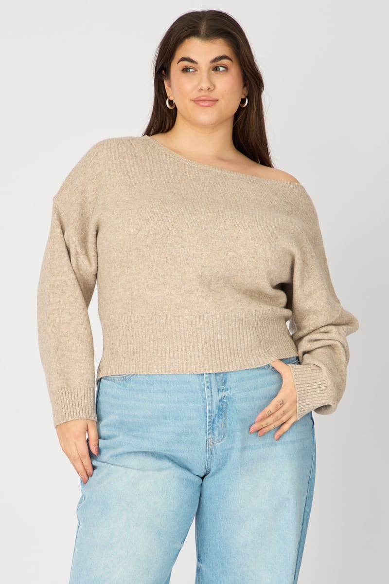 Beige Knit Top Off Shoulder Long Sleeve for YouandAll Fashion