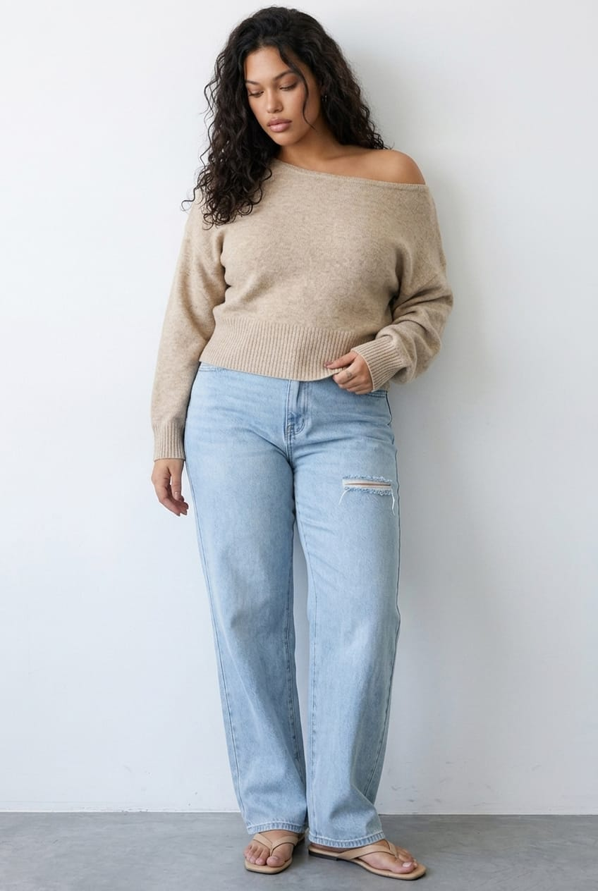 Beige Knit Top Off Shoulder Long Sleeve for YouandAll Fashion