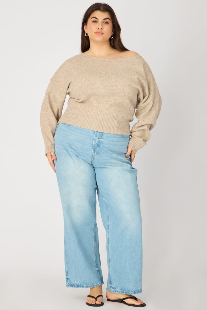 Beige Knit Top Off Shoulder Long Sleeve for YouandAll Fashion
