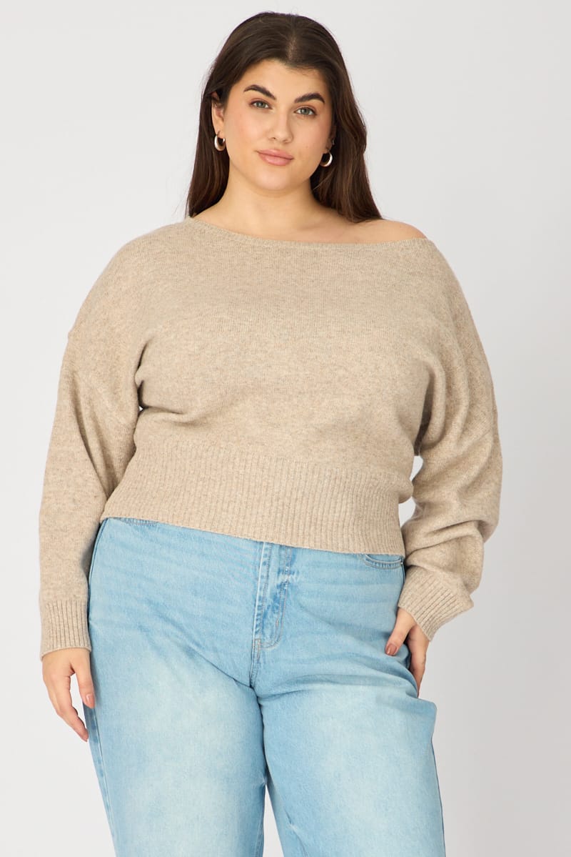 Beige Knit Top Off Shoulder Long Sleeve for YouandAll Fashion