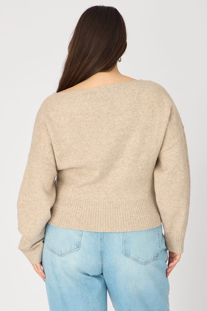 Beige Knit Top Off Shoulder Long Sleeve for YouandAll Fashion