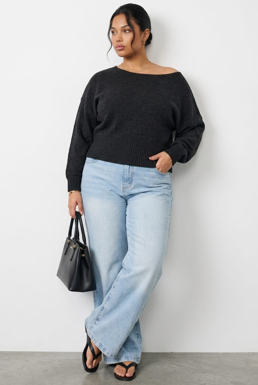 Black Knit Top Off Shoulder Long Sleeve for YouandAll Fashion
