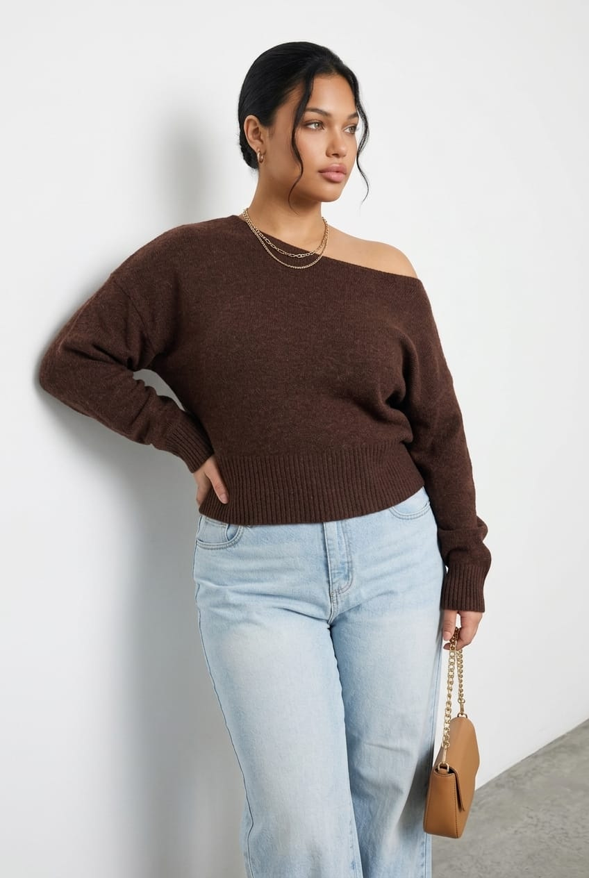 Brown Knit Top Off Shoulder Long Sleeve for YouandAll Fashion