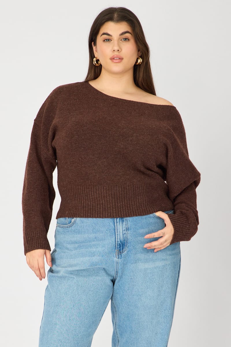 Brown Knit Top Off Shoulder Long Sleeve for YouandAll Fashion