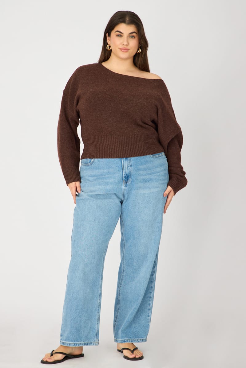 Brown Knit Top Off Shoulder Long Sleeve for YouandAll Fashion