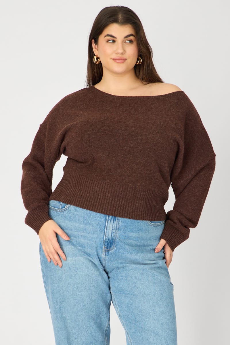 Brown Knit Top Off Shoulder Long Sleeve for YouandAll Fashion