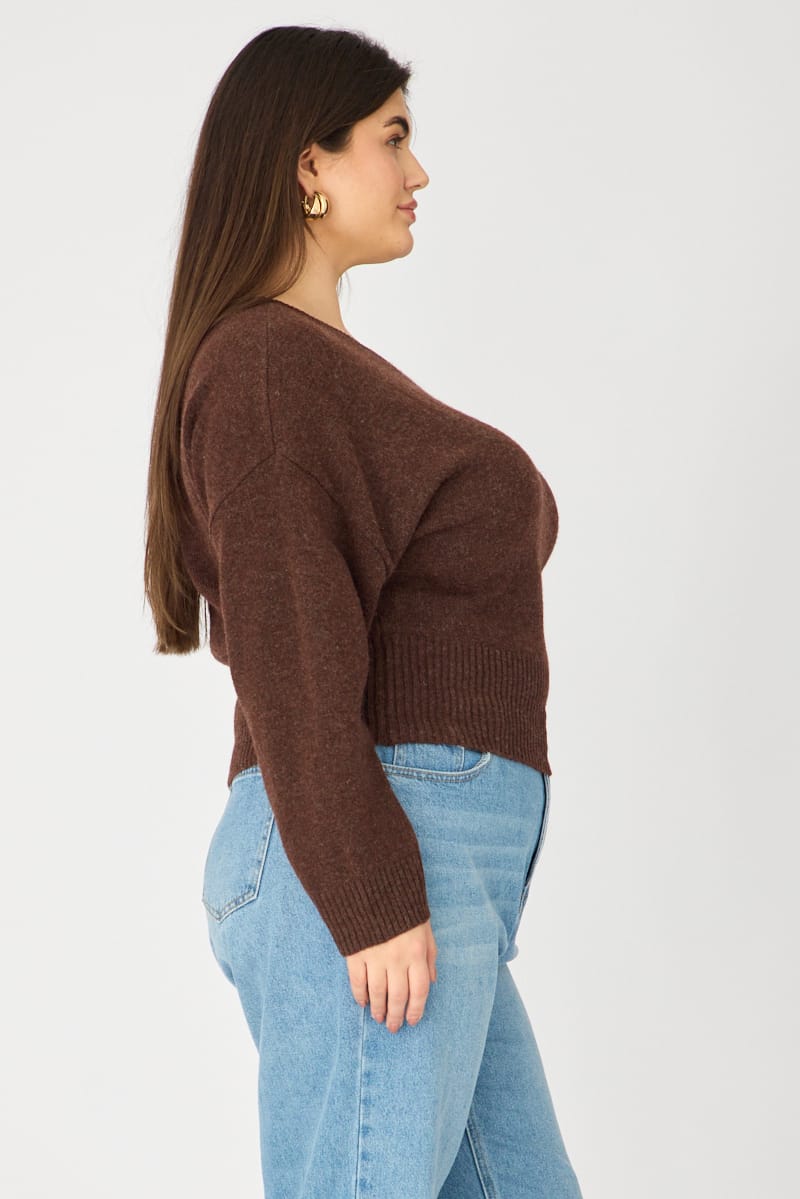 Brown Knit Top Off Shoulder Long Sleeve for YouandAll Fashion