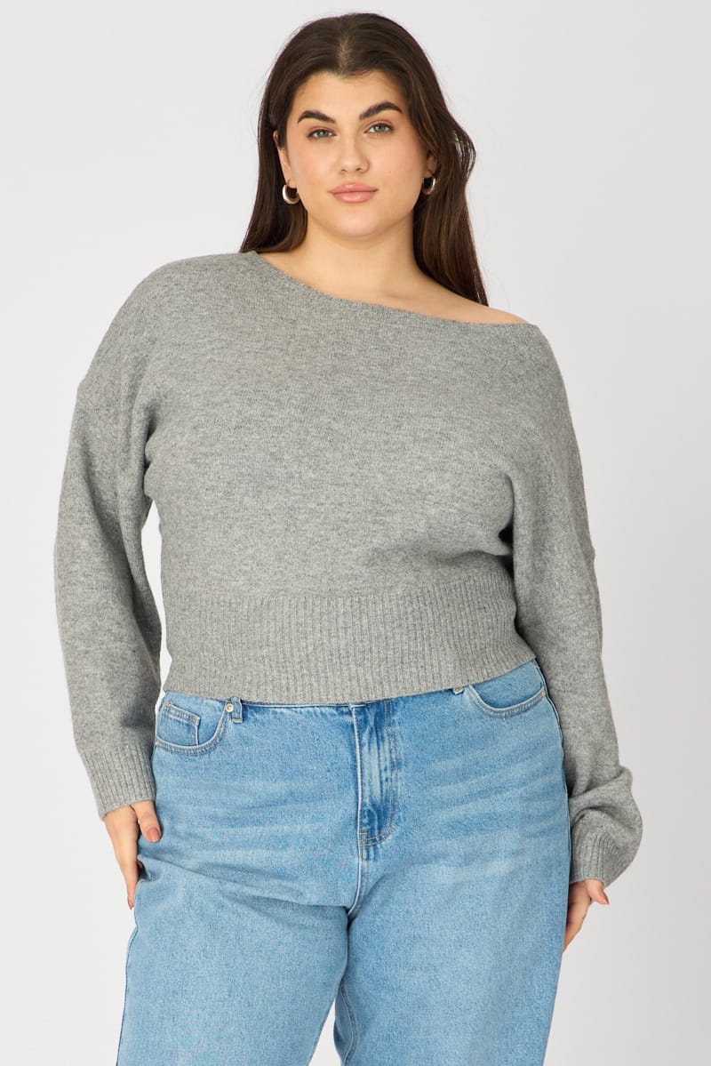 Grey Knit Top Off Shoulder Long Sleeve for YouandAll Fashion