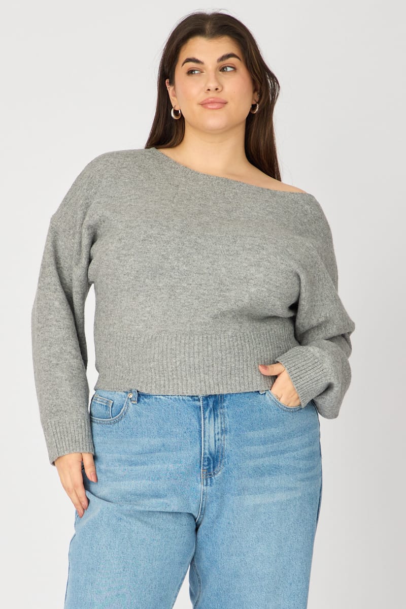 Grey Knit Top Off Shoulder Long Sleeve for YouandAll Fashion