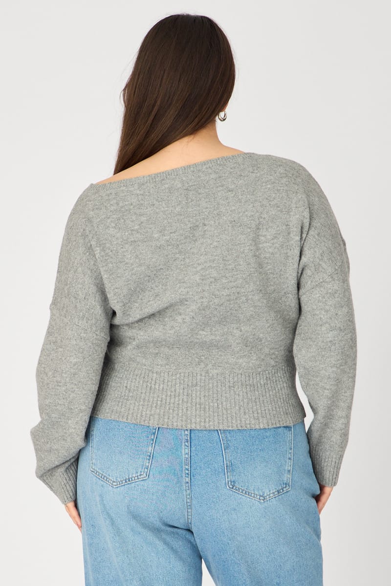 Grey Knit Top Off Shoulder Long Sleeve for YouandAll Fashion