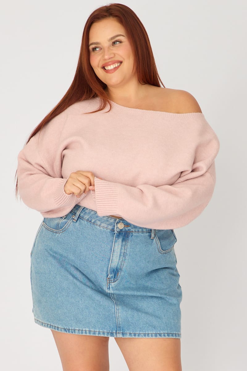 Pink Knit Top Off Shoulder Long Sleeve for YouandAll Fashion