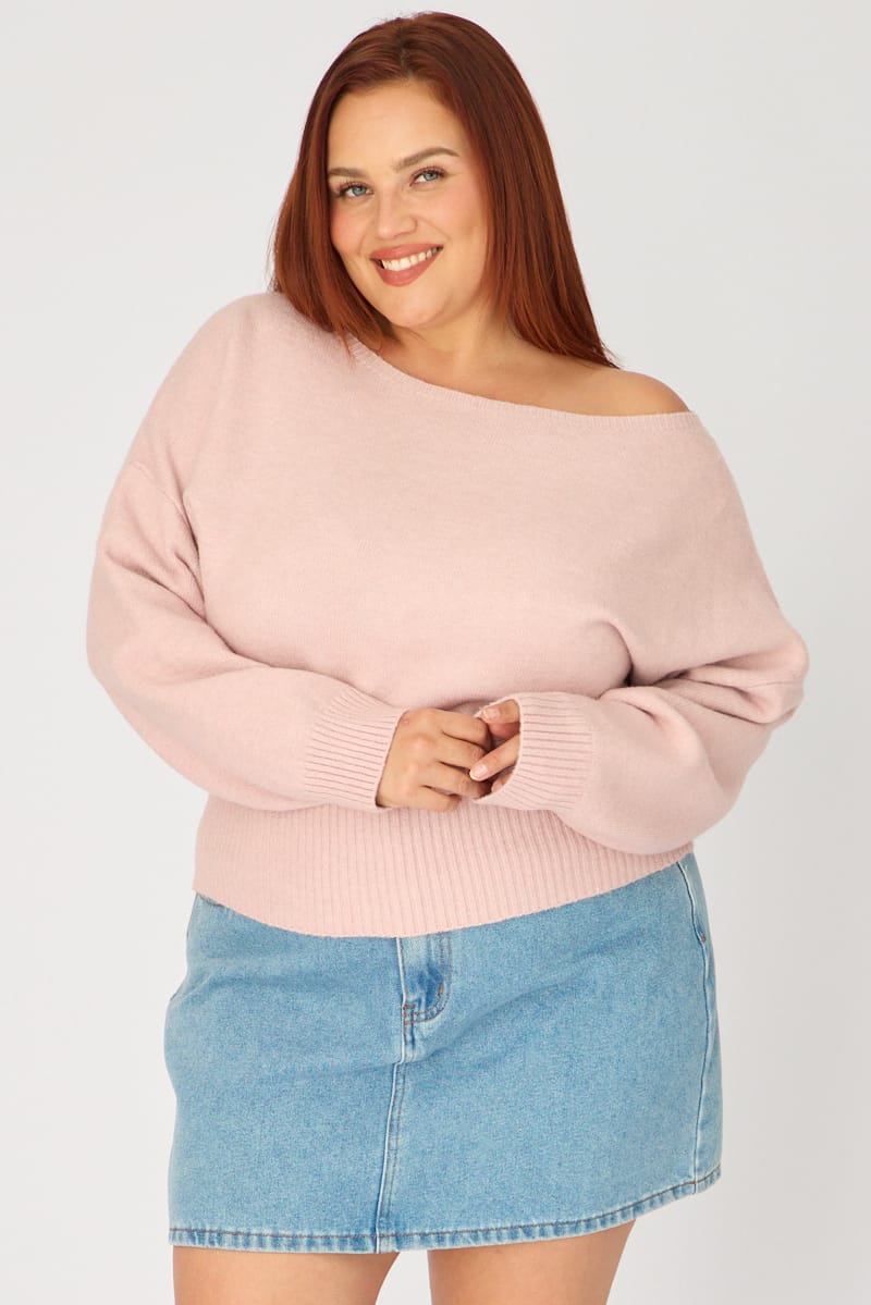 Pink Knit Top Off Shoulder Long Sleeve for YouandAll Fashion