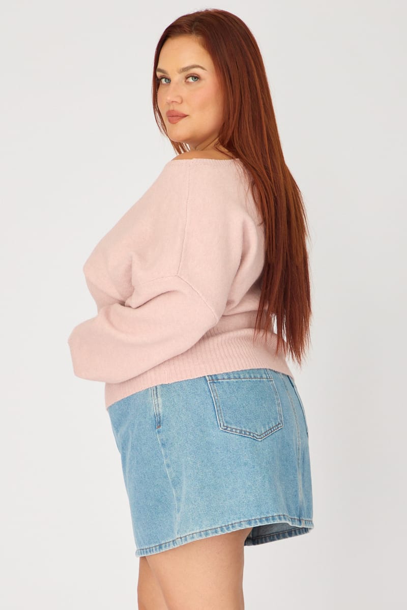 Pink Knit Top Off Shoulder Long Sleeve for YouandAll Fashion