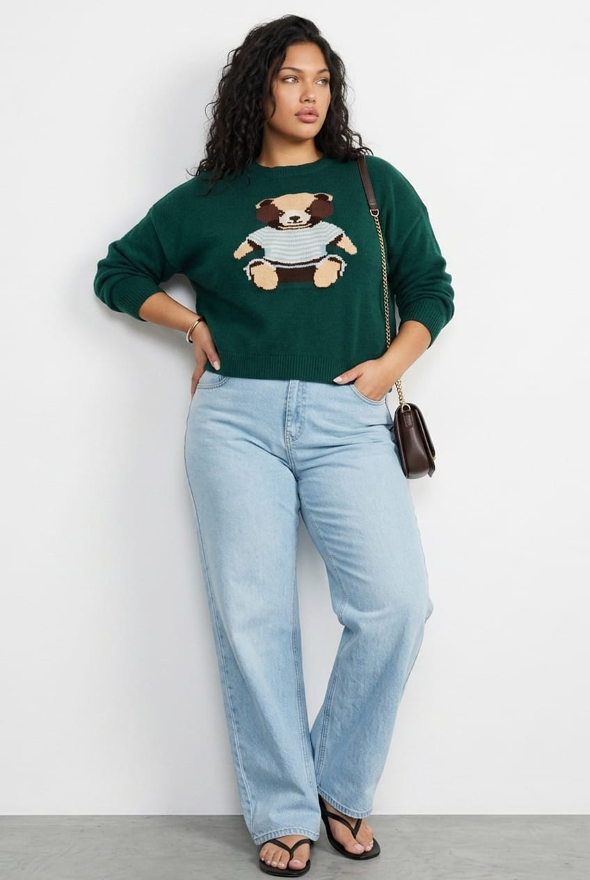 Green Teddy Bear Knit Top Long Sleeve for YouandAll Fashion