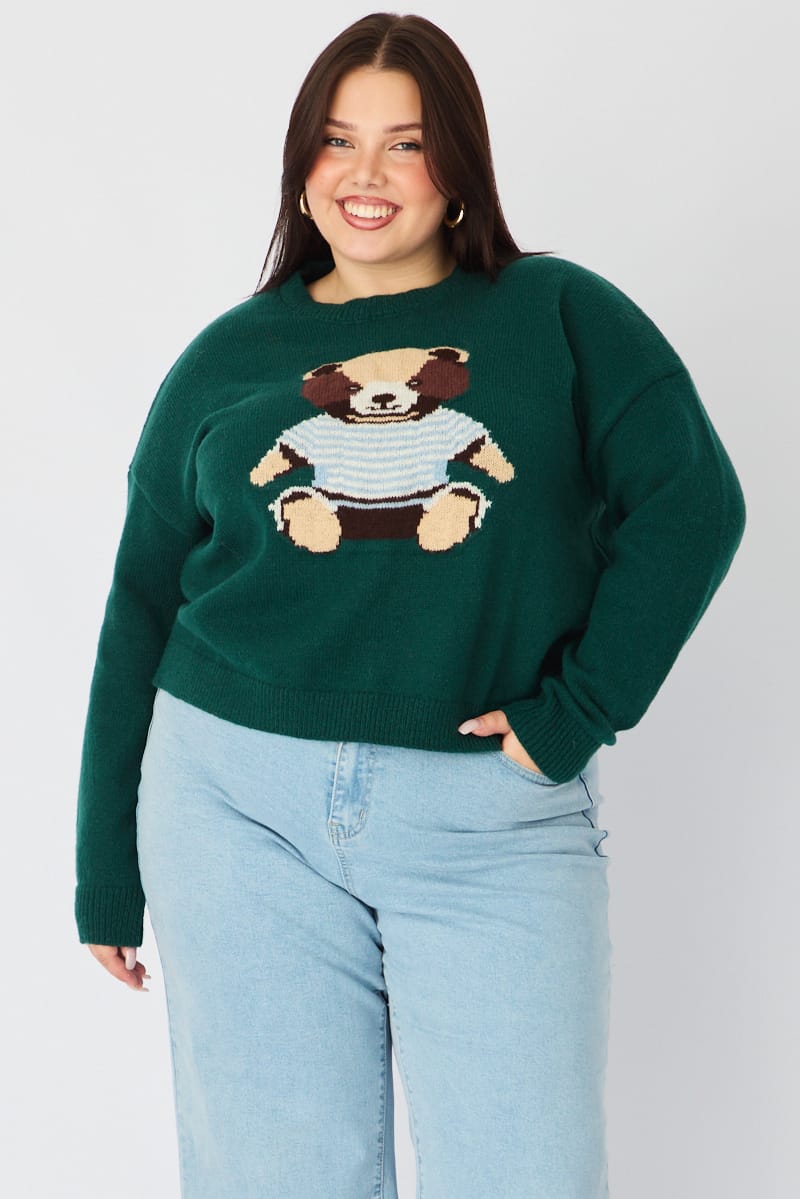 Green Teddy Bear Knit Top Long Sleeve for YouandAll Fashion