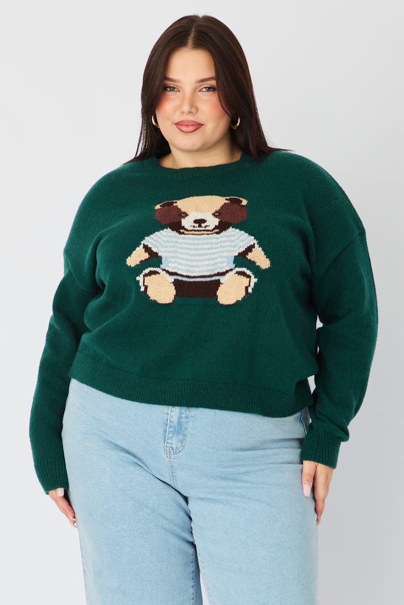 Green Teddy Bear Knit Top Long Sleeve for YouandAll Fashion
