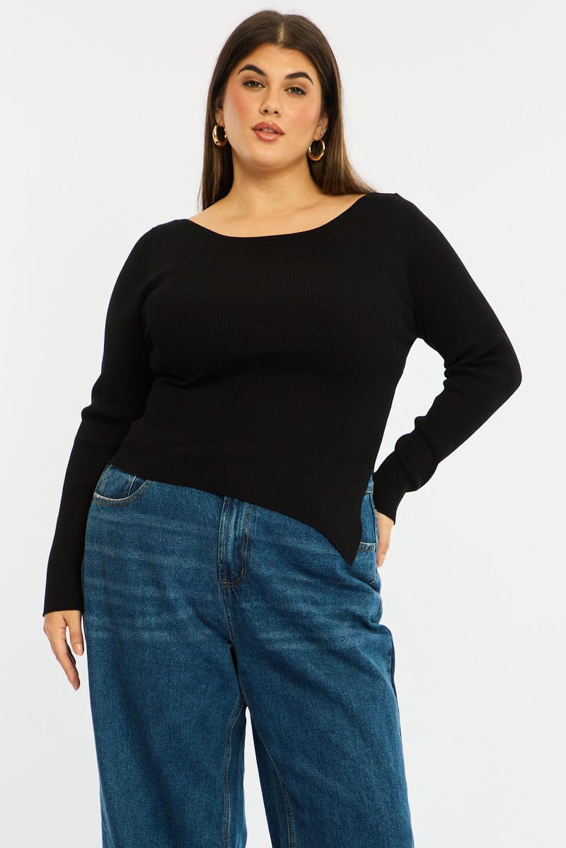 Black Knit Top Long Sleeve Asymmetrical Hem for YouandAll Fashion