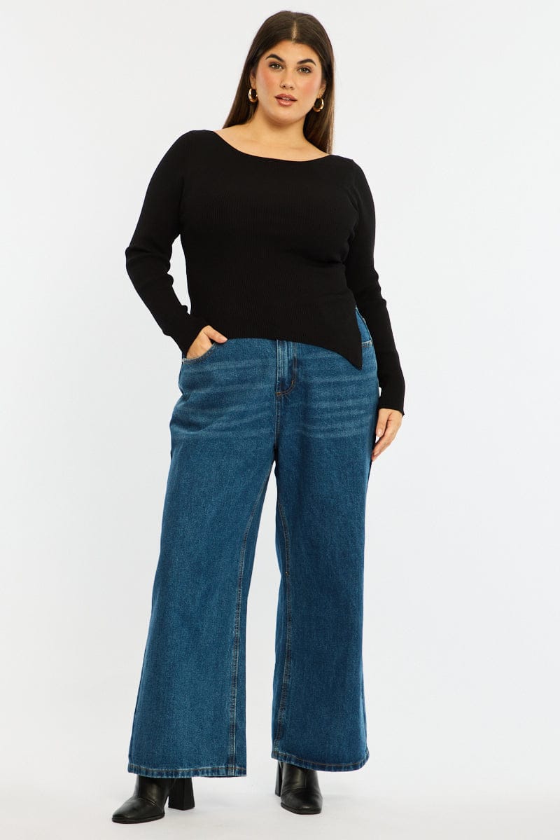 Black Knit Top Long Sleeve Asymmetrical Hem for YouandAll Fashion