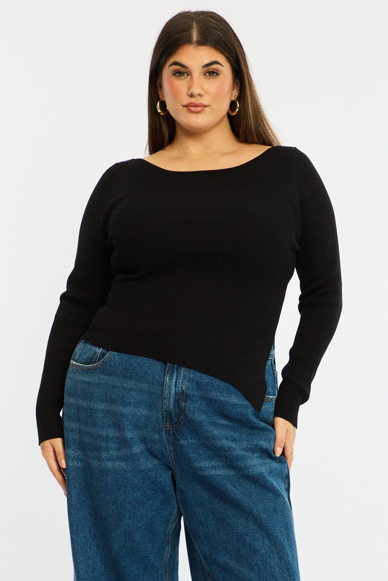 Black Knit Top Long Sleeve Asymmetrical Hem for YouandAll Fashion