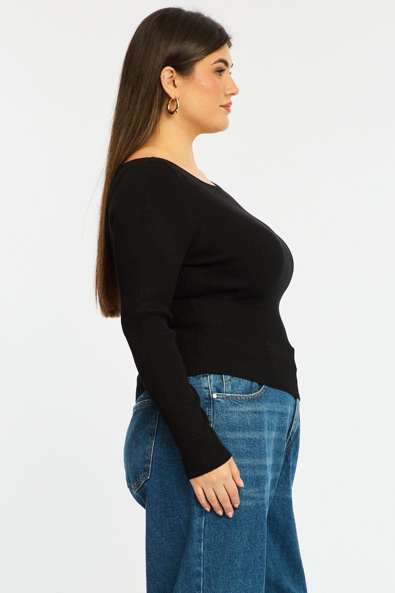 Black Knit Top Long Sleeve Asymmetrical Hem for YouandAll Fashion