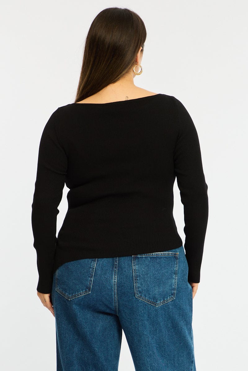 Black Knit Top Long Sleeve Asymmetrical Hem for YouandAll Fashion