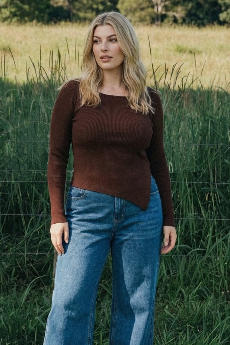 Brown Knit Top Long Sleeve Asymmetrical Hem for YouandAll Fashion