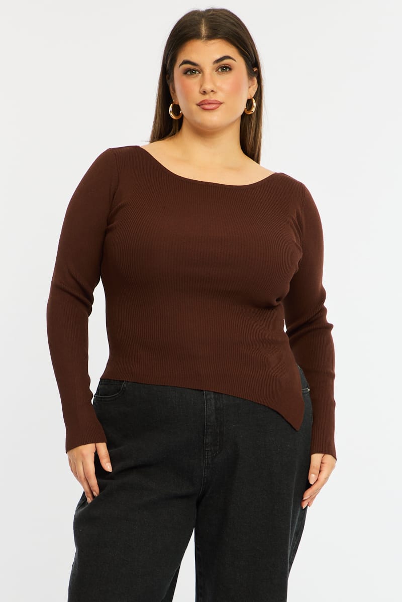 Brown Knit Top Long Sleeve Asymmetrical Hem for YouandAll Fashion