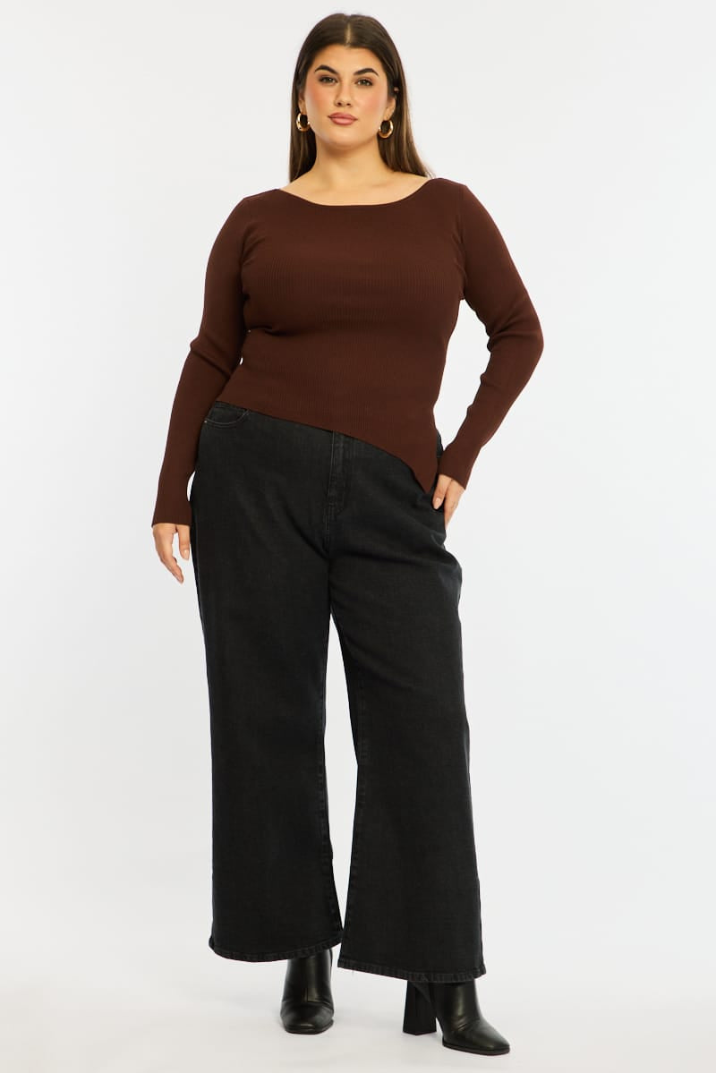 Brown Knit Top Long Sleeve Asymmetrical Hem for YouandAll Fashion