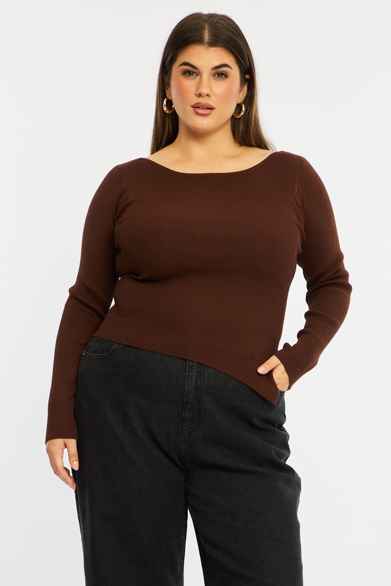 Brown Knit Top Long Sleeve Asymmetrical Hem for YouandAll Fashion