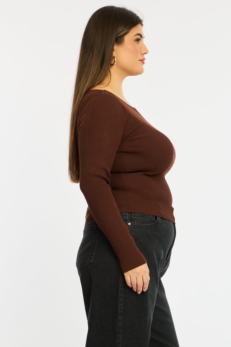 Brown Knit Top Long Sleeve Asymmetrical Hem for YouandAll Fashion