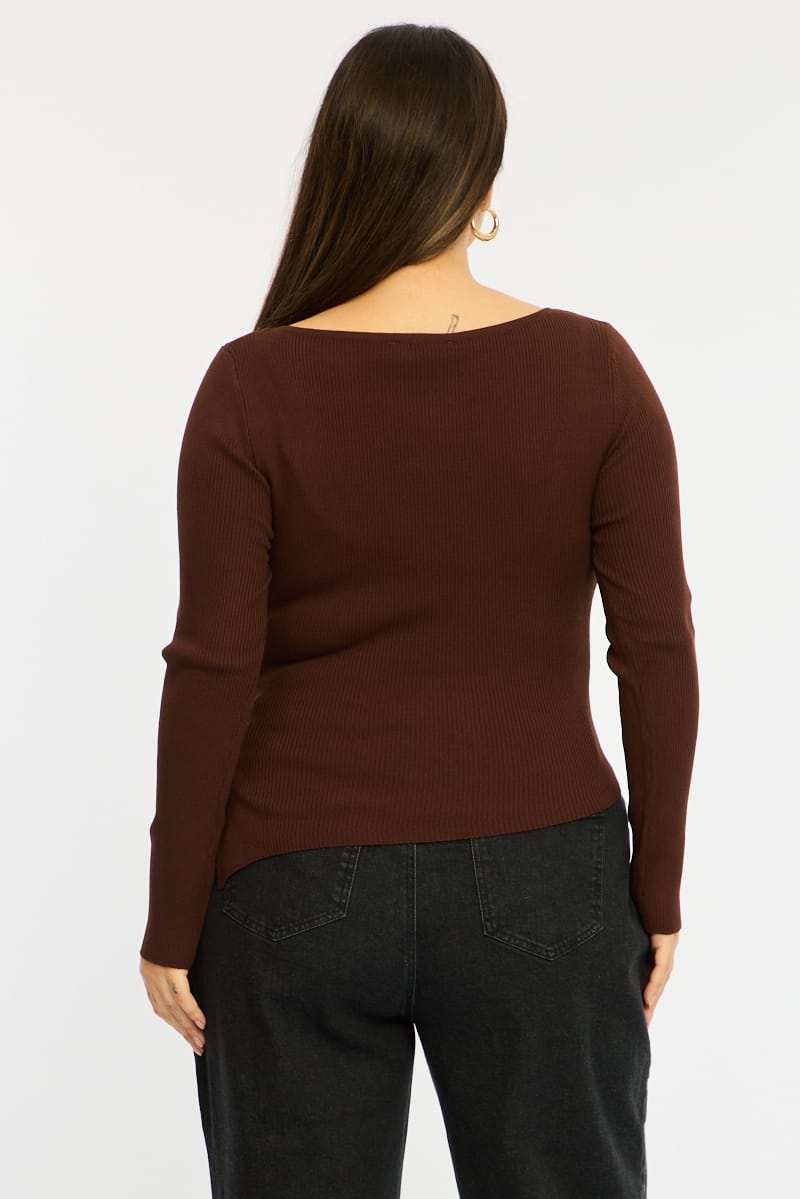 Brown Knit Top Long Sleeve Asymmetrical Hem for YouandAll Fashion