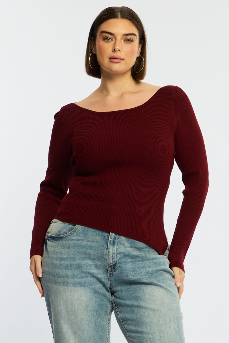 Red Knit Top Long Sleeve Asymmetrical Hem for YouandAll Fashion