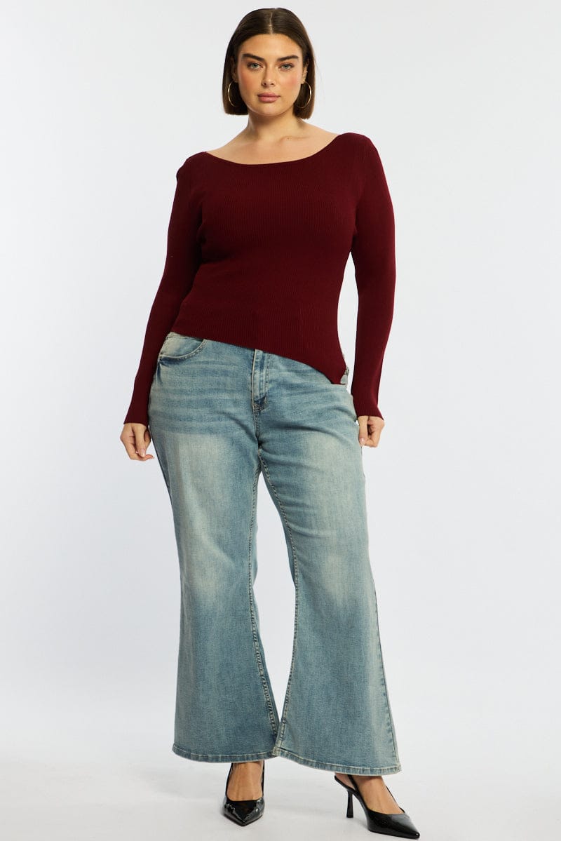 Red Knit Top Long Sleeve Asymmetrical Hem for YouandAll Fashion