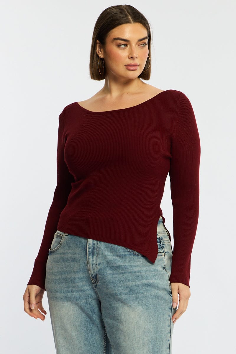 Red Knit Top Long Sleeve Asymmetrical Hem for YouandAll Fashion