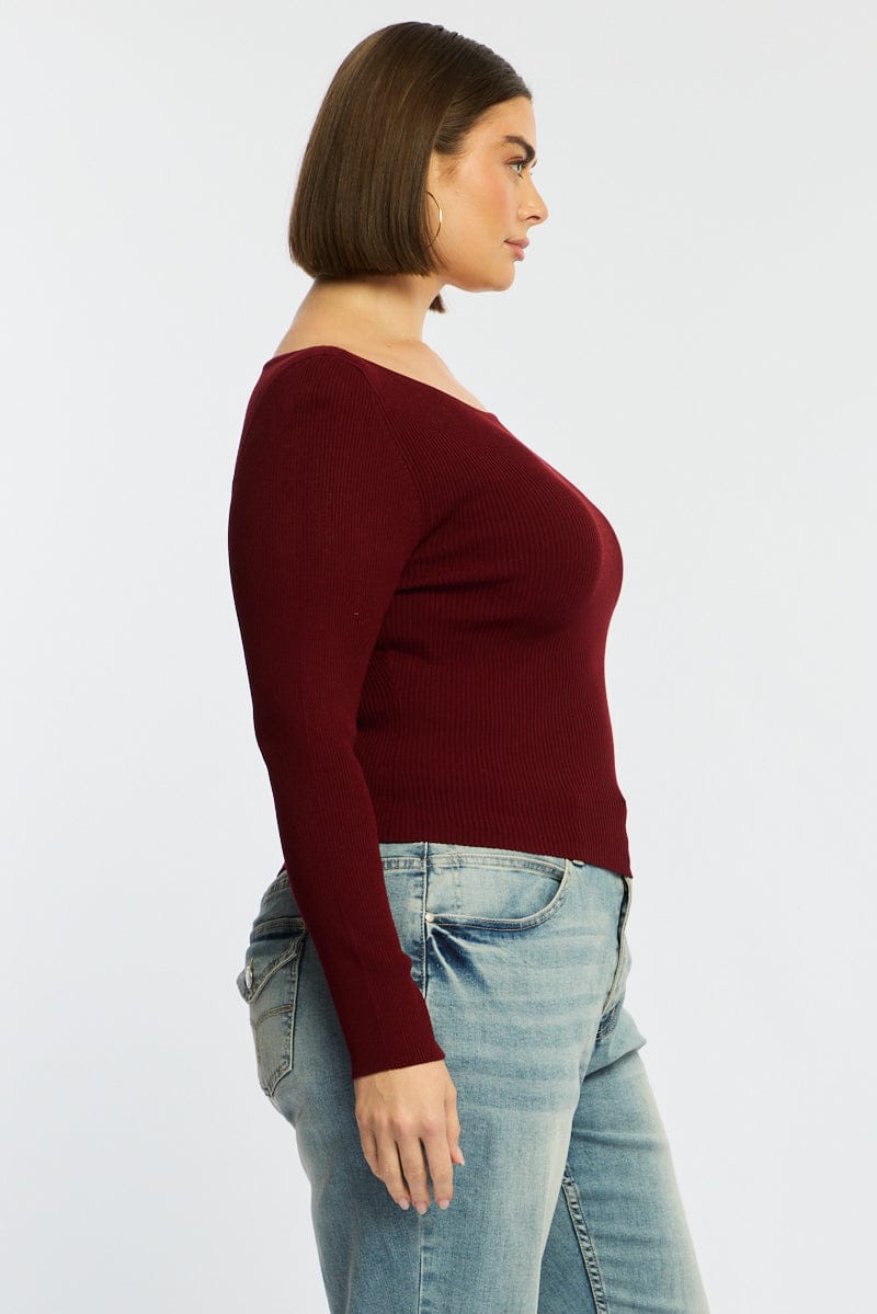Red Knit Top Long Sleeve Asymmetrical Hem for YouandAll Fashion