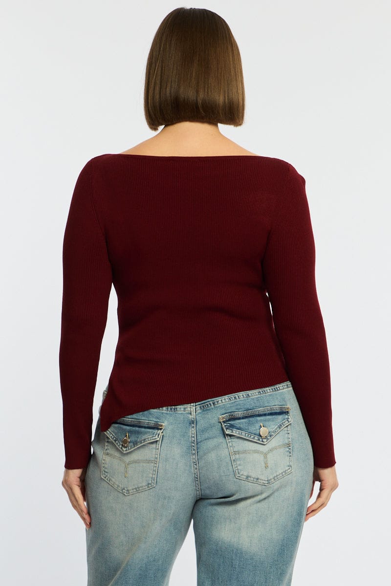 Red Knit Top Long Sleeve Asymmetrical Hem for YouandAll Fashion