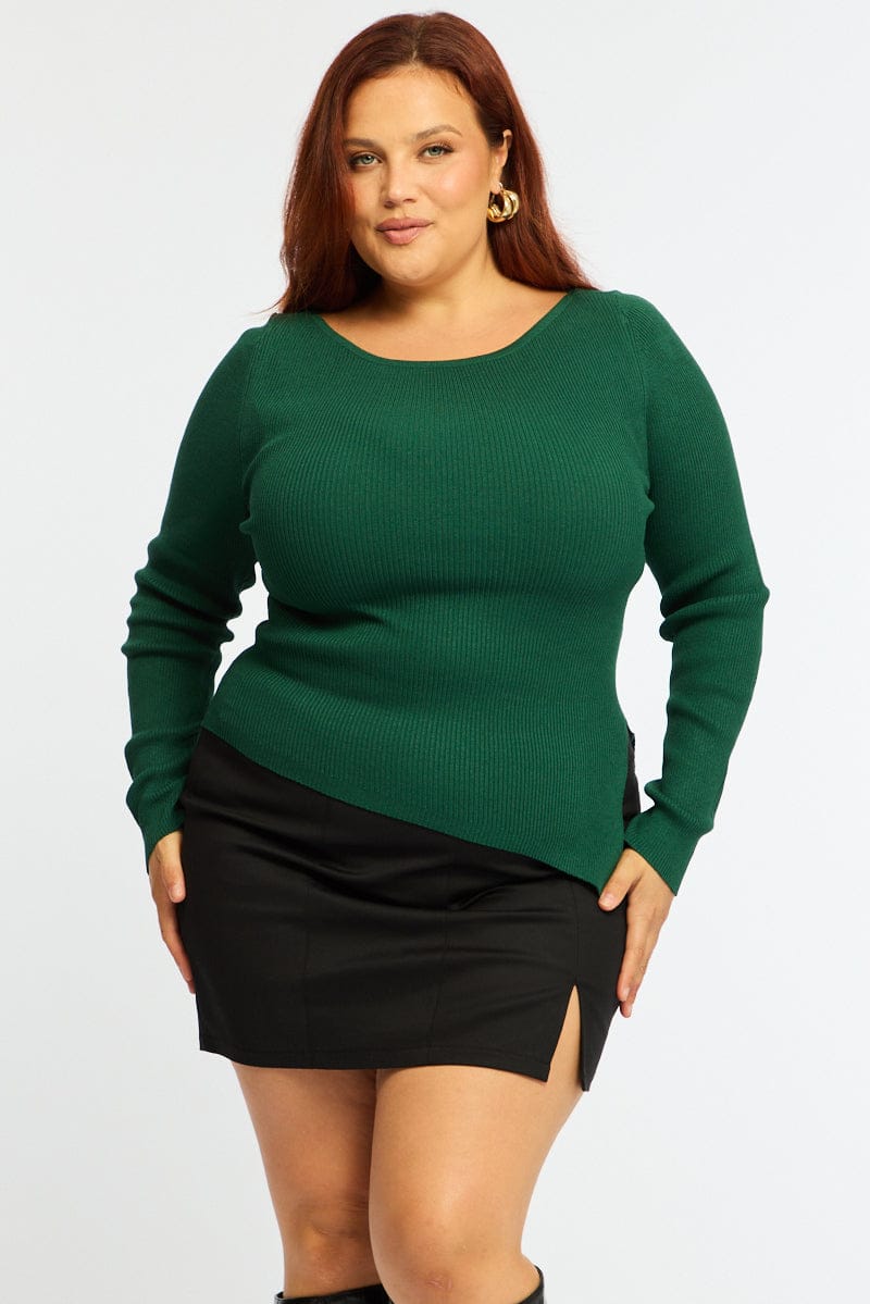 Green Knit Top Long Sleeve Asymmetrical Hem for YouandAll Fashion