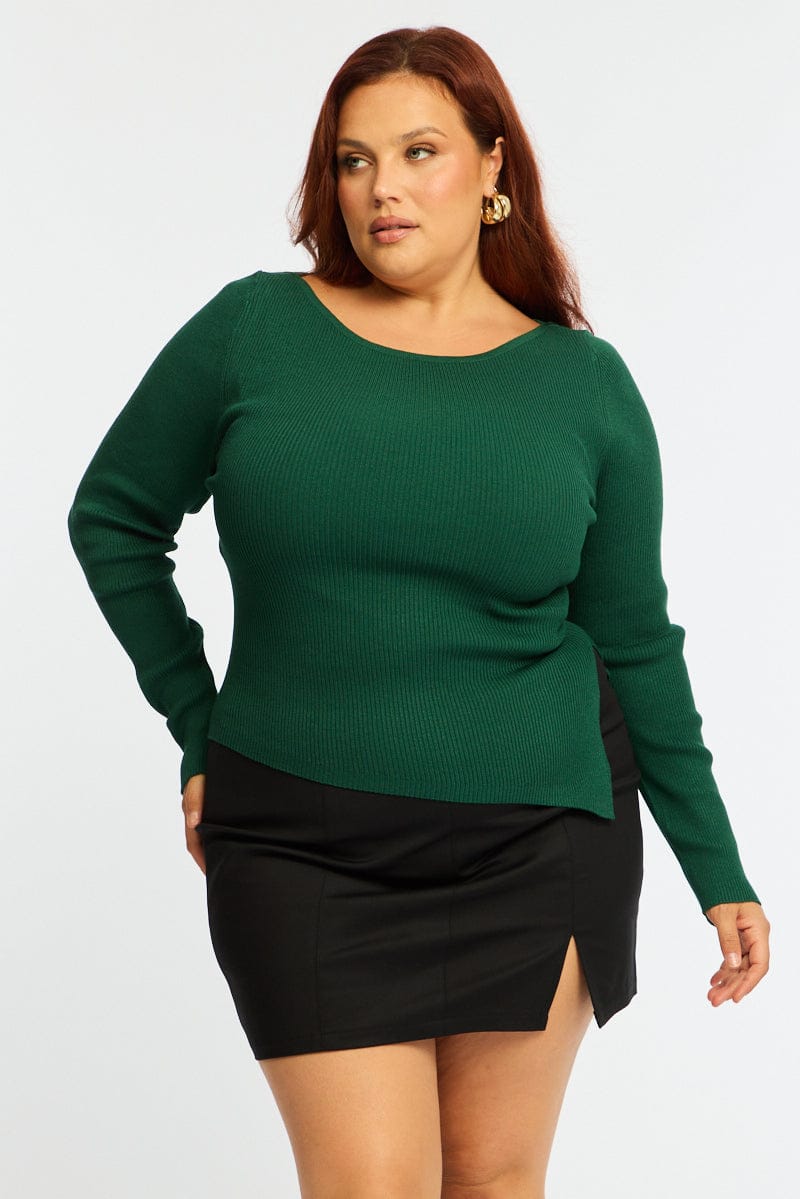 Green Knit Top Long Sleeve Asymmetrical Hem for YouandAll Fashion