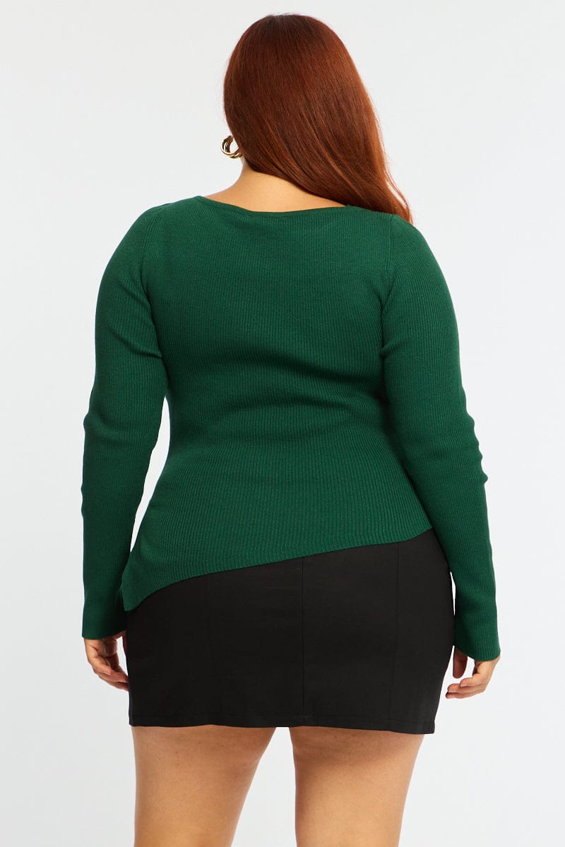 Green Knit Top Long Sleeve Asymmetrical Hem for YouandAll Fashion
