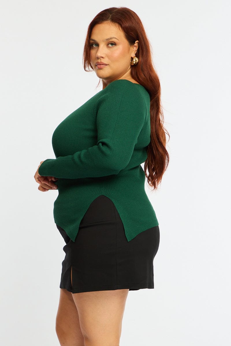 Green Knit Top Long Sleeve Asymmetrical Hem for YouandAll Fashion