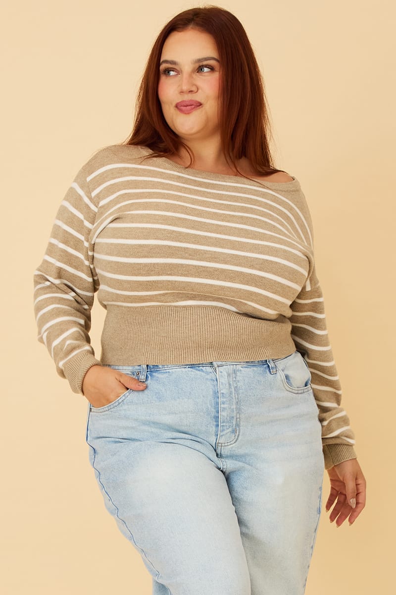 Beige Stripe Knit Top Off Shoulder Long Sleeve for YouandAll Fashion