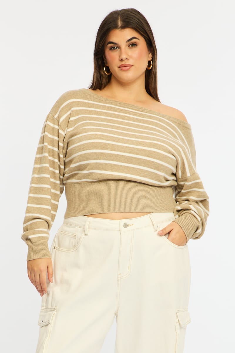 Beige Stripe Knit Top Off Shoulder Long Sleeve for YouandAll Fashion