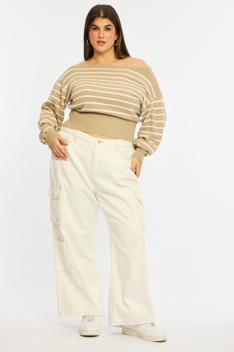 Beige Stripe Knit Top Off Shoulder Long Sleeve for YouandAll Fashion