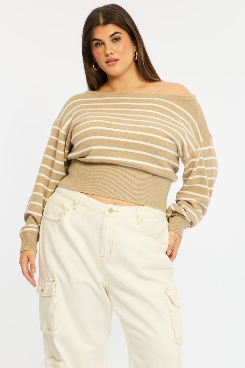 Beige Stripe Knit Top Off Shoulder Long Sleeve for YouandAll Fashion