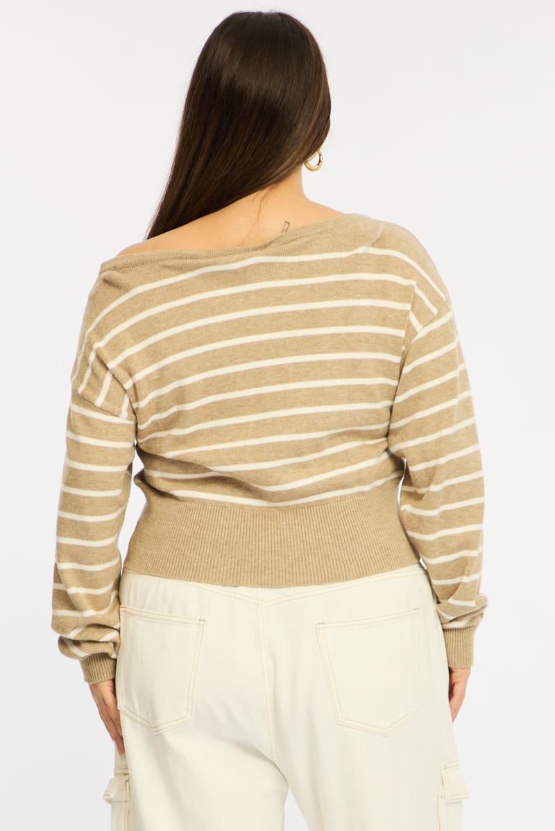 Beige Stripe Knit Top Off Shoulder Long Sleeve for YouandAll Fashion