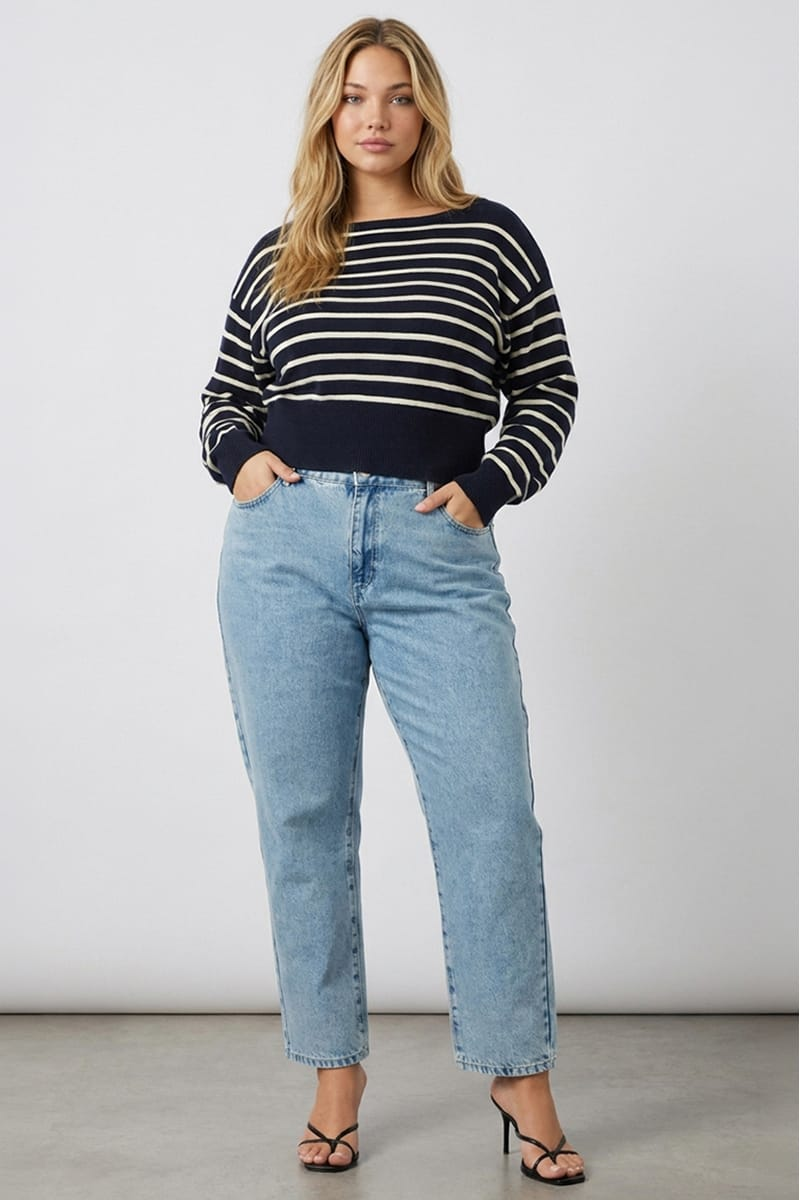 Blue Stripe Stripe Knit Top Off Shoulder Long Sleeve for YouandAll Fashion