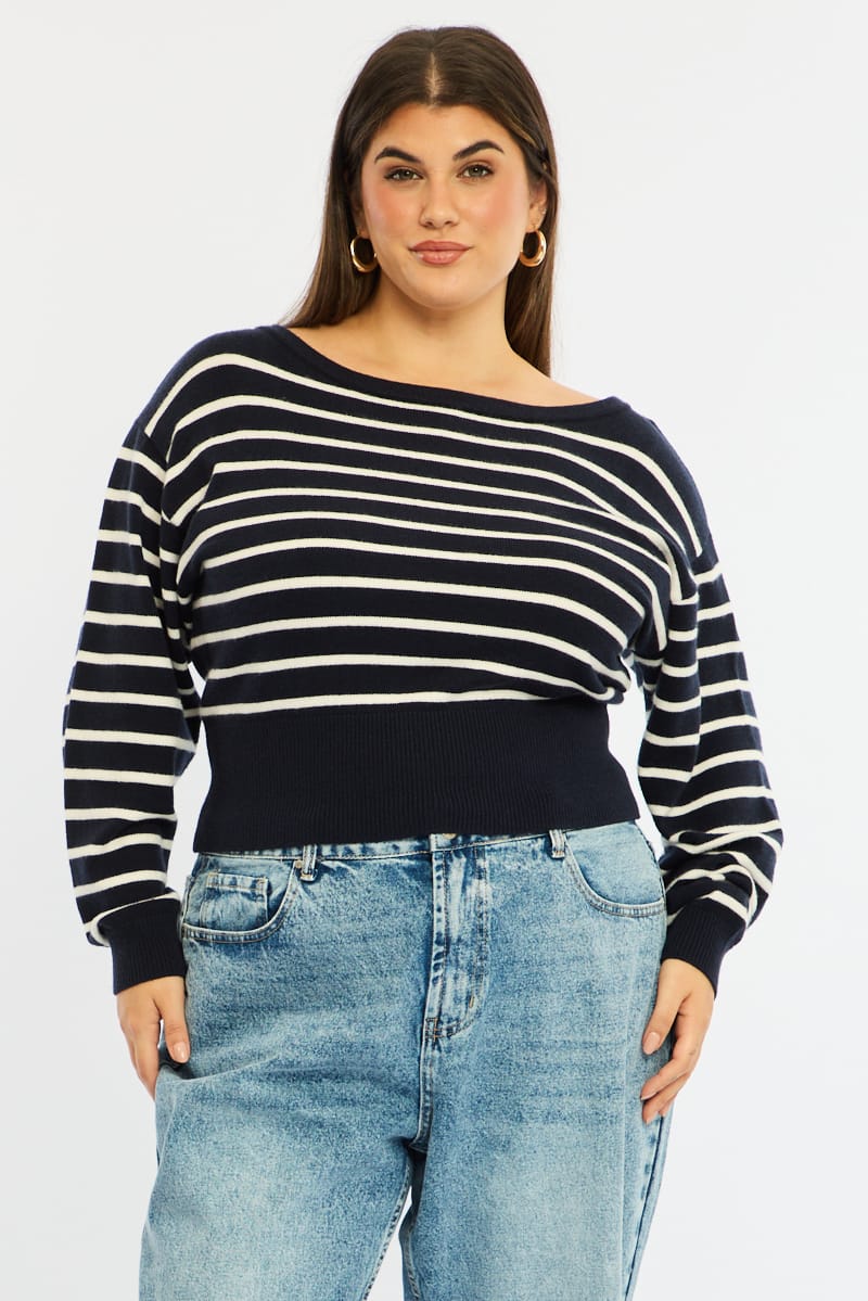 Blue Stripe Stripe Knit Top Off Shoulder Long Sleeve for YouandAll Fashion