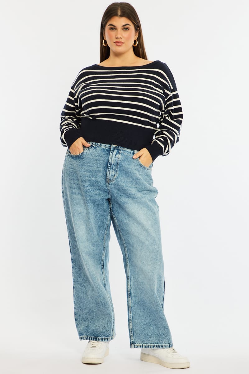 Blue Stripe Stripe Knit Top Off Shoulder Long Sleeve for YouandAll Fashion